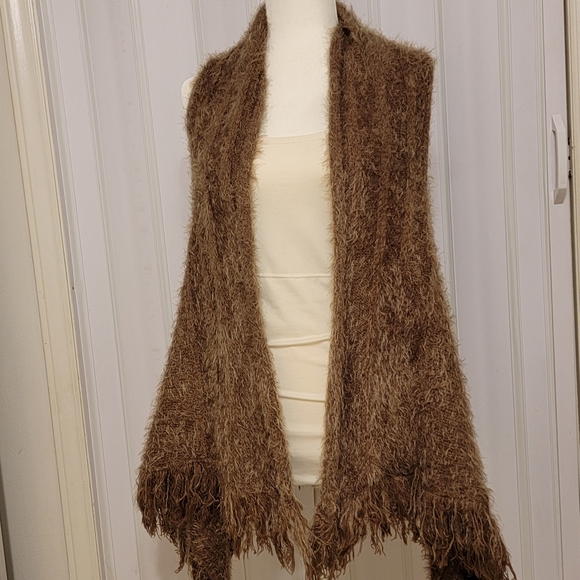 Donna Diosa Brown Eye Lash Hem Fly Away Open Boho Hippie Fuzzie Vest Free Sz - Picture 2 of 9
